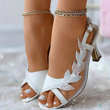 Sandals Elegant Heeled Mesh Women's Rhinestone White –