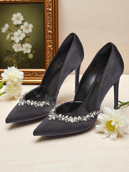 Pointed Crystal with Women's Satin Heels Embellishment Toe