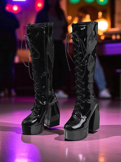 Metallic Silver Platform High Boots - Lace-Up Women's Knee