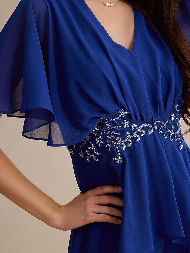 Wedding Cuff Guest Royal Blue Embroidered Chiffon Sequin Flare