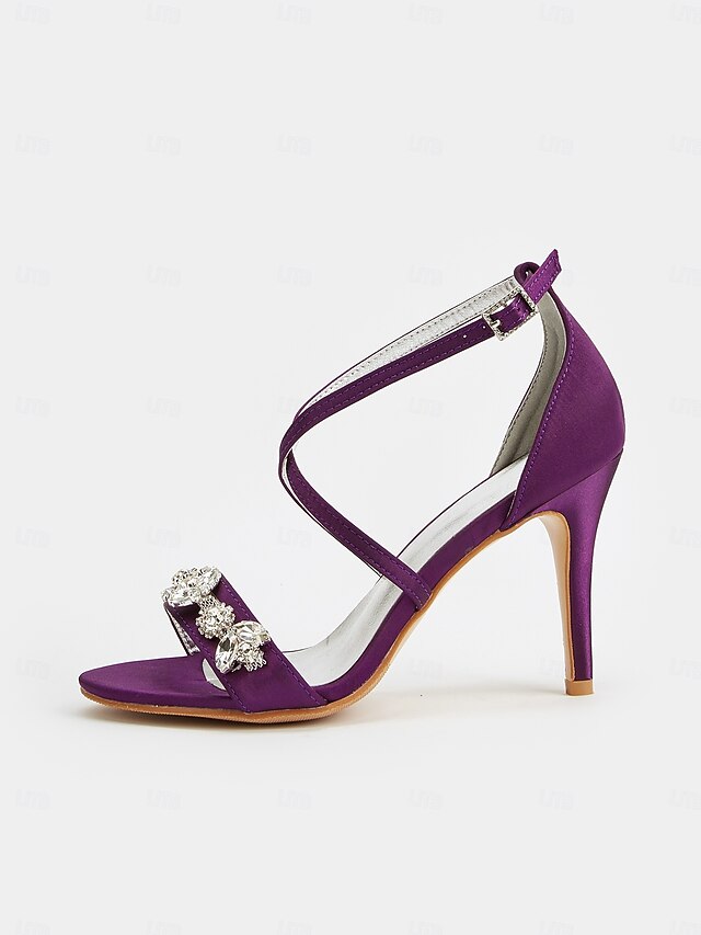 Heels Purple Satin Straps with Stiletto Rhinestone Women's