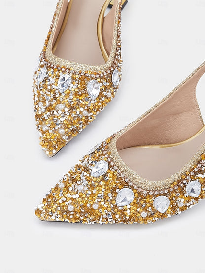 Slingback with Heels Rhinestone Gold Women's Pearl