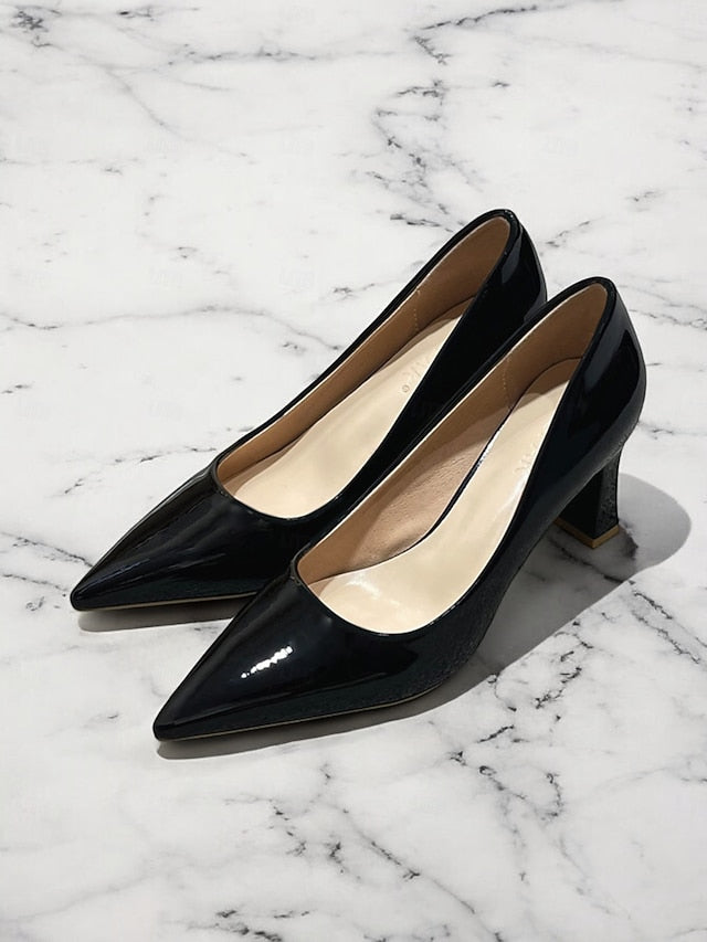 Leather Block Heel Glossy Pointed-Toe Pumps Green Patent Faux