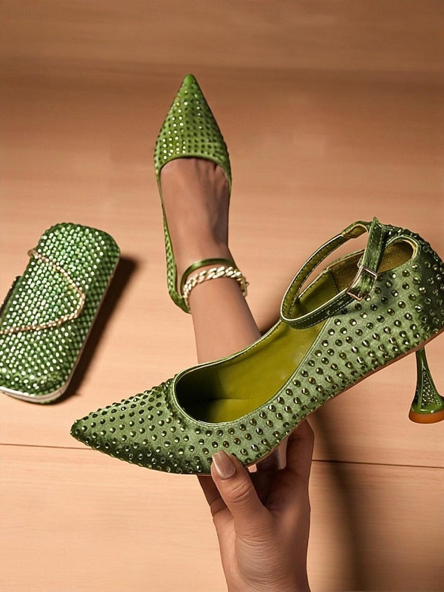 Clutch Bag Heels and Green Set Rhinestone Women's Matching