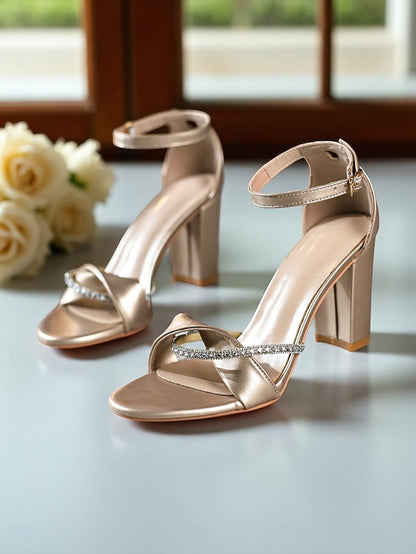 Block Open-Toe Ankle Gold PU Heel Sandals Strap - Women's