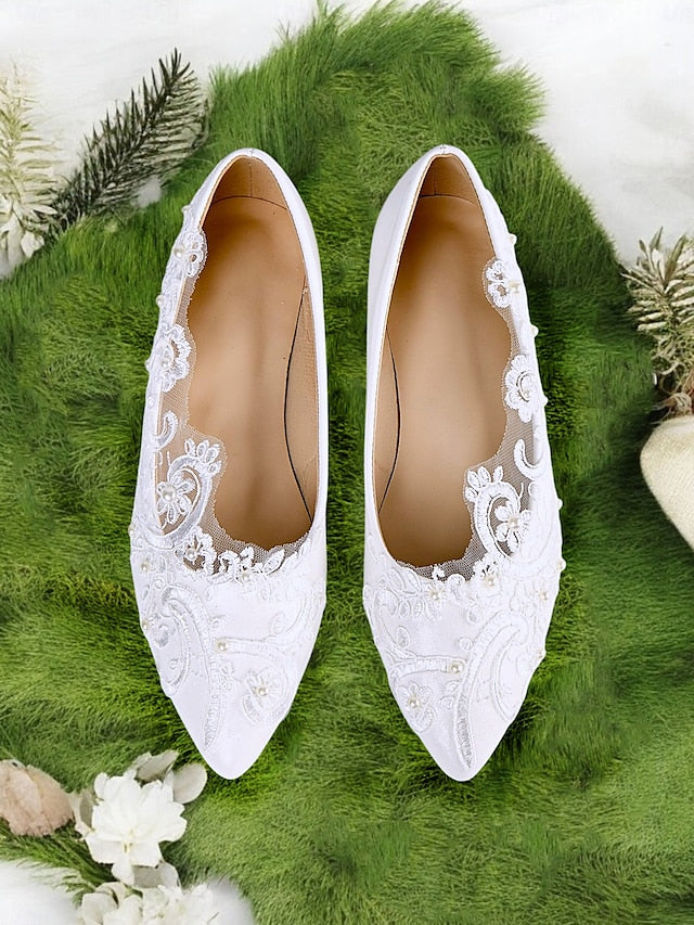 and Lace with Design White Wedding Floral Mesh Appliqué Shoes