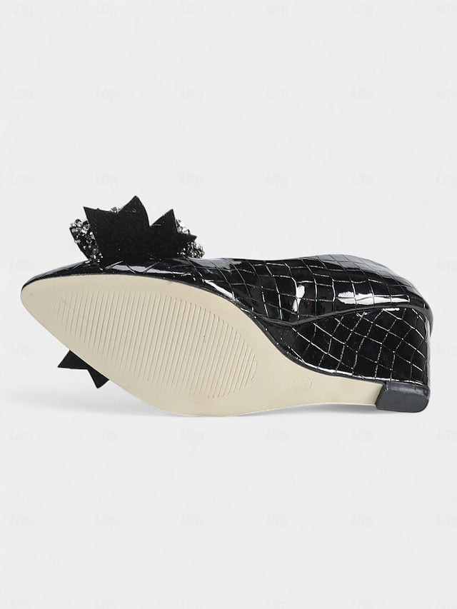 Patent Wedge Black Women's Leather Bow with Glitter Heels