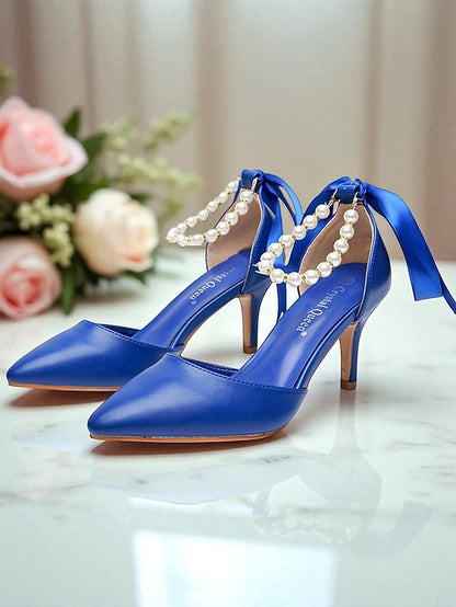 with Pearl Kitten - Heel Strap Bow Ankle Women's Blue Pumps