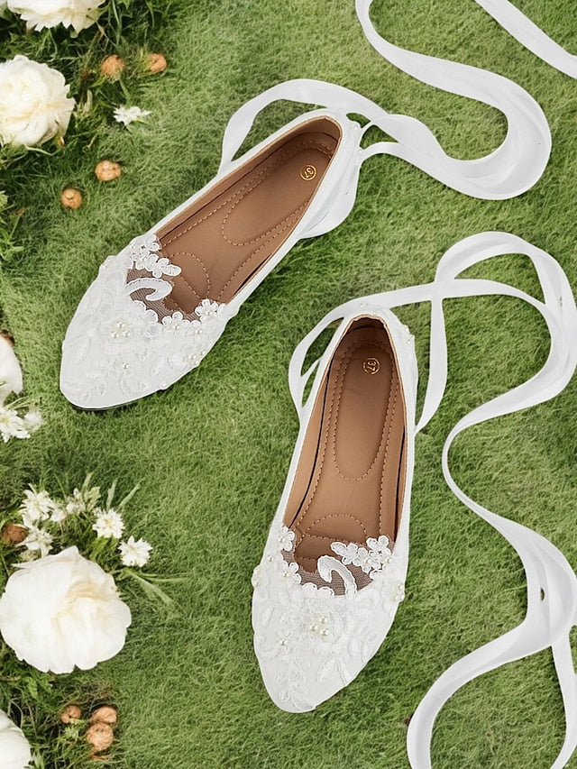 Flats Shoes Elegant Bridal with Lace - White Ties Ribbon Wedding