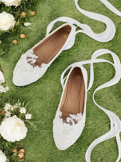 Flats Shoes Elegant Bridal with Lace - White Ties Ribbon Wedding