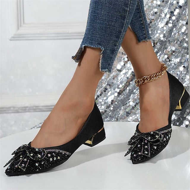 Rhinestone Elegant Women's Bow with - Glitter Detail Flats