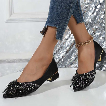 Rhinestone Elegant Women's Bow with - Glitter Detail Flats