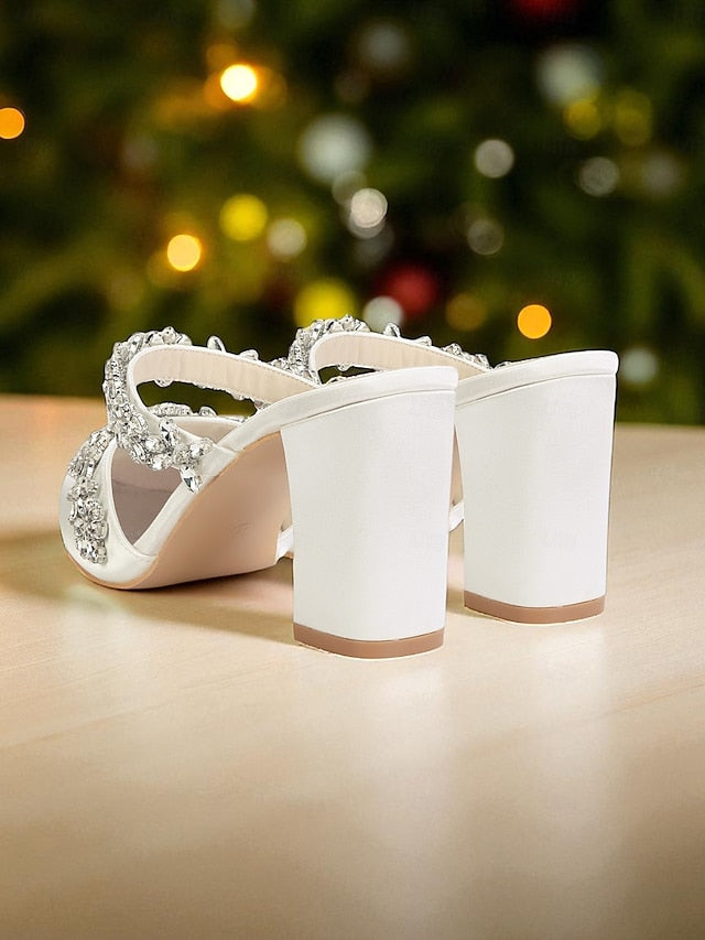 Women's Floral Satin Black Rhinestone Heel Mules Block with