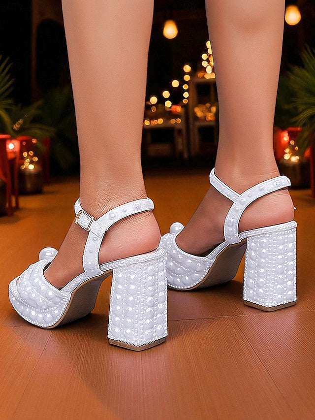 Women's Sandals Embellished Platform Pearl Block Heel White