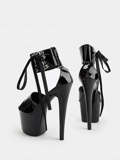 Black with Platform Lace-Up Patent Ankle Straps Sandals Leather