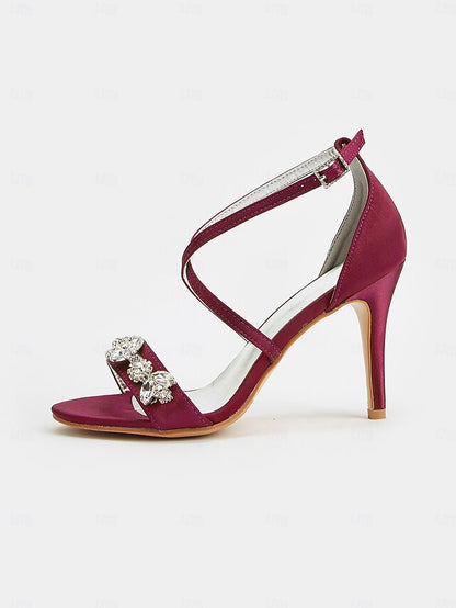 Heels Purple Satin Straps with Stiletto Rhinestone Women's