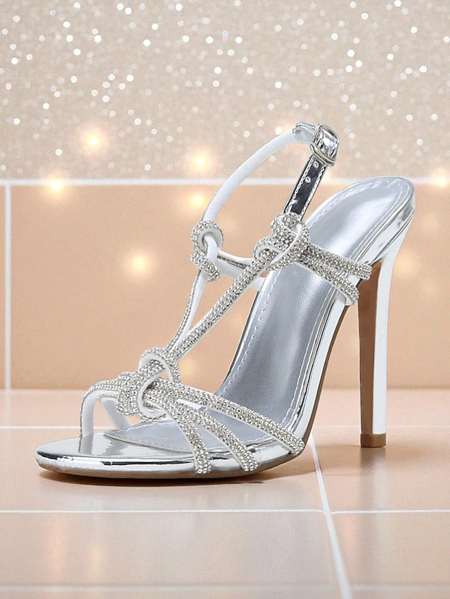Heels Rhinestone Strappy Square Stiletto Women's with Toe