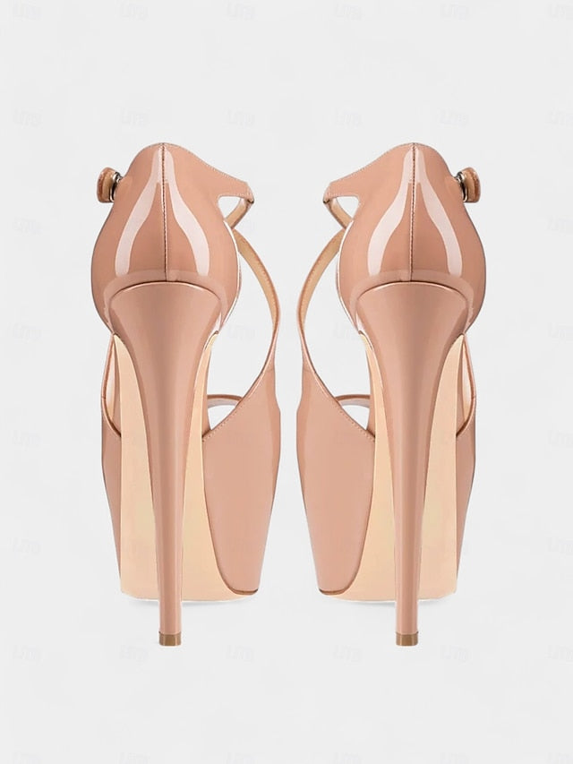 and Stiletto Cross with Platform Black Leather Patent Red Heels