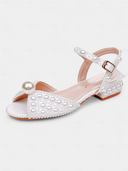 Pearl-Embellished Women's Sandals Low Heel – White
