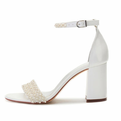 Block Pearl Strap Ivory Embellished Ankle White Women's