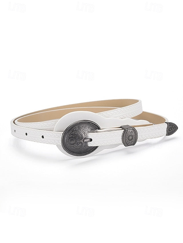 with Belt Waist Faux Leather Carved Women's Western Vintage