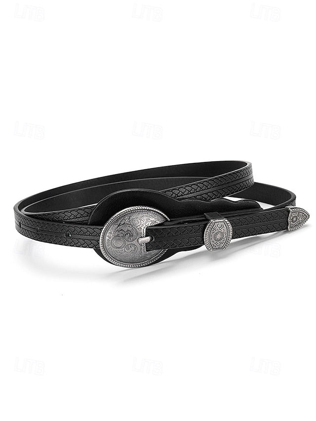 with Belt Waist Faux Leather Carved Women's Western Vintage