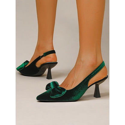 with Toe Blue Women's Velvet Heels Pointed Slingback Bow