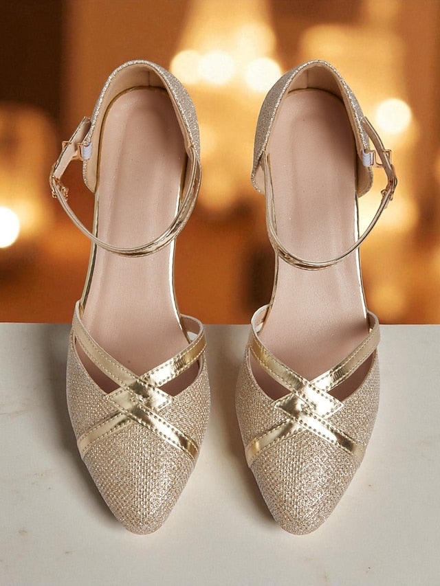 Gold - Strap Women's Pumps Glitter Heel Elegant Ankle Block