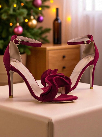 Elegant Velvet Heel Sandals High - Women's Red Strap Ankle