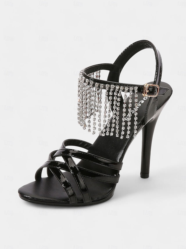 Rhinestone Women's Stiletto with Sandals Leather Red Patent