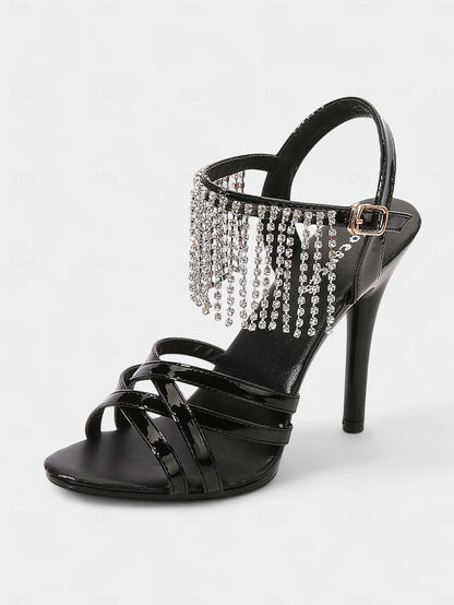 Rhinestone Women's Stiletto with Sandals Leather Red Patent