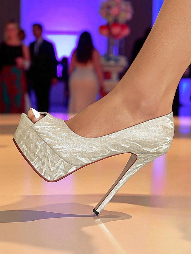 Platform Subtle Peep-Toe Silver with Heels Pattern Women's