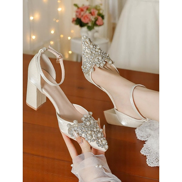 and Wedding Heel Embellished Pearl Block Rhinestone Women's
