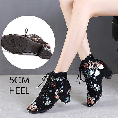 Comfortable Shoes Black – Lace-up Women Low Floral Dance for