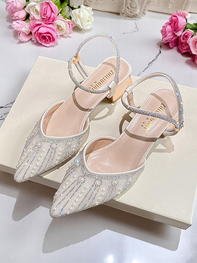 Toe and Block Heels Ivory Women's Pointed Pearl with