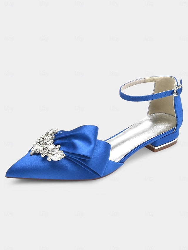Pointed-Toe White Rhinestone Bow Heels with Ankle Satin and