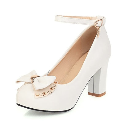 Toe Girls' Round White Block Pumps Heel Shoes –
