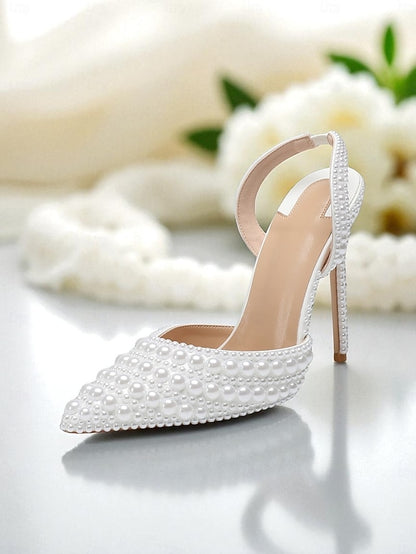 Heels White Slingback Women's Leather - Pearl-Embellished