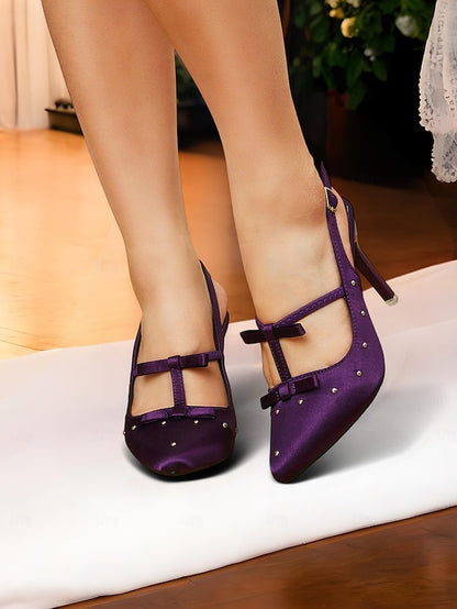 T-Strap Bows – Purple Satin Women's with and Heels Studs