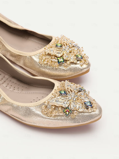 Flats with Women's Foldable Crystal Glitter Gold