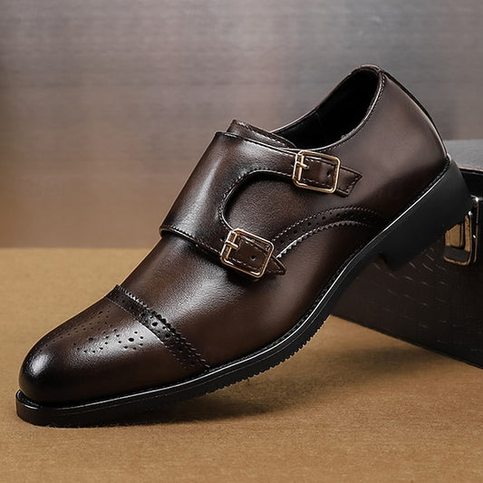 Double with Brown Monk Faux Men's Leather Strap Shoes