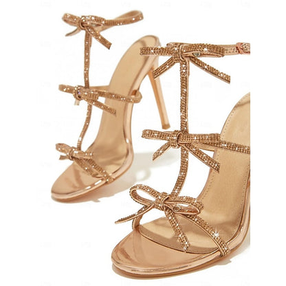 Knot Gold Sandals Women's Stiletto Sparkly – Strappy Bow