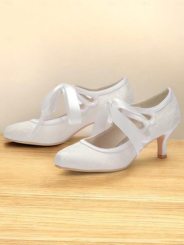Vintage Ribbon White Bridal - Satin Lace with Ties Pumps Elegant