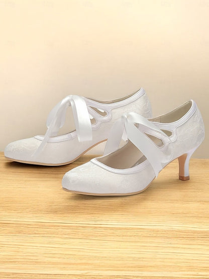 Vintage Ribbon White Bridal - Satin Lace with Ties Pumps Elegant