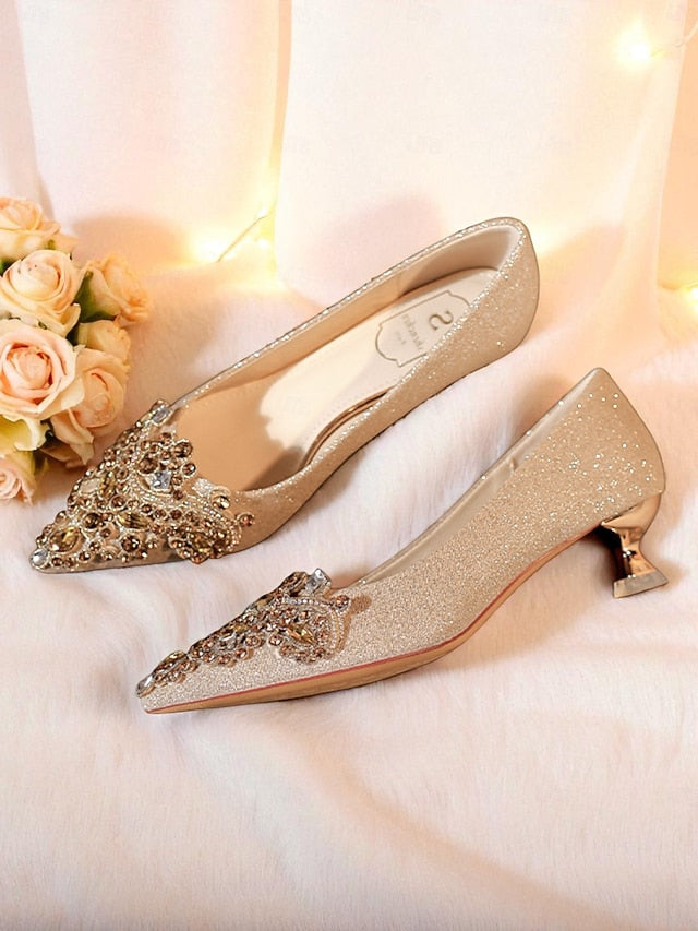 with Glitter Low Pointed-Toe Gold Pumps Heel Women's