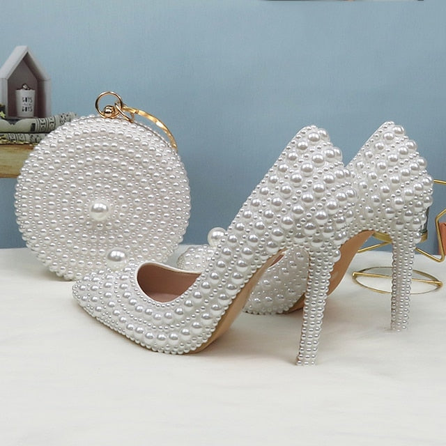 Purse Heels and White Round Stiletto Pearl Set Pearl-Embellished