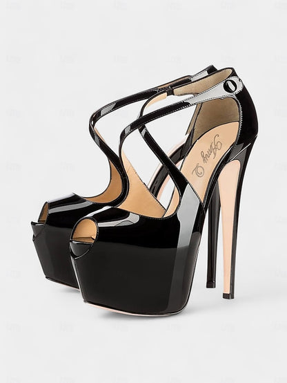 and Stiletto Cross with Platform Black Leather Patent Red Heels