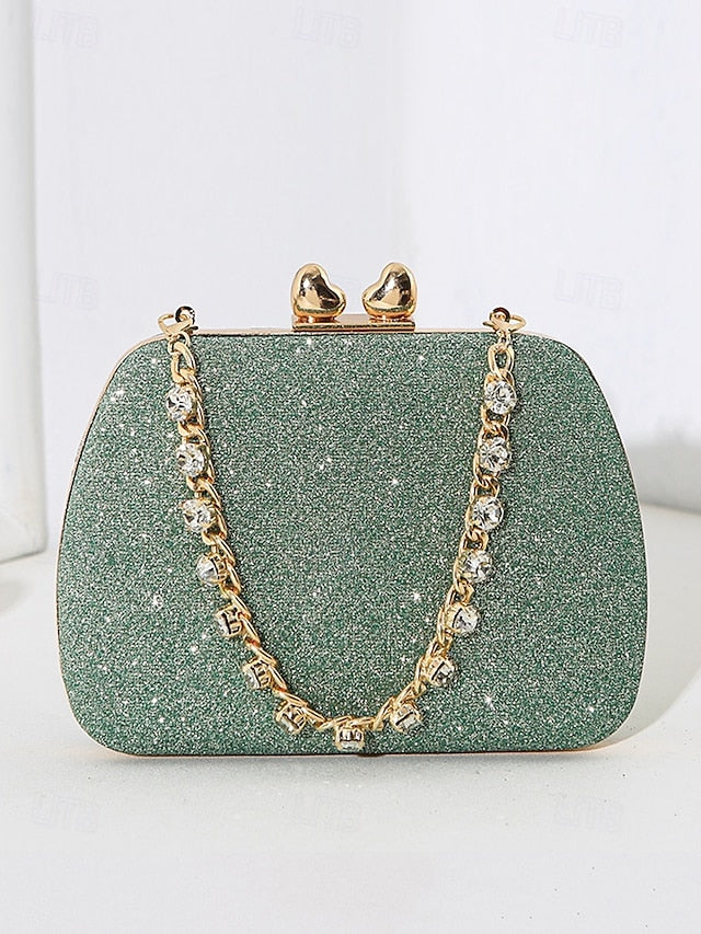Green Clutch Evening Glitter with Sage Rhinestone Women's