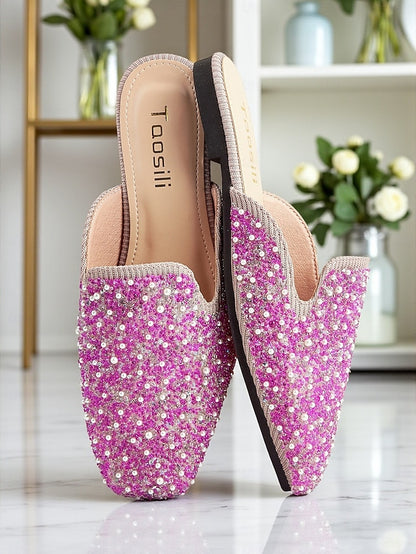 and Women's Embellished Pink Mules Rhinestone Pearl -
