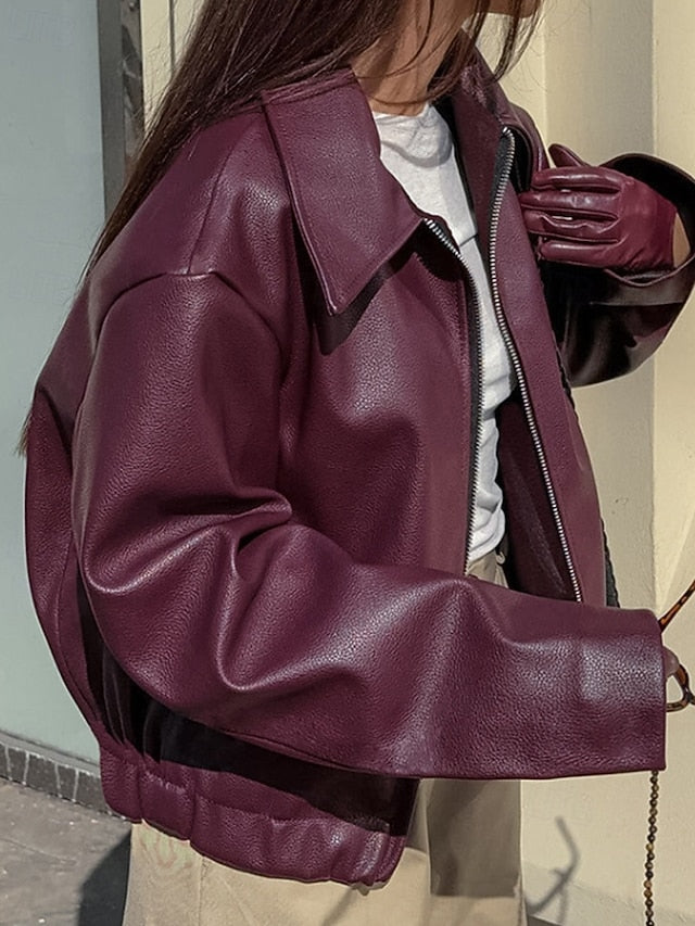 Leather Women's Warm Pocket Faux Zipper Comfortable Jacket